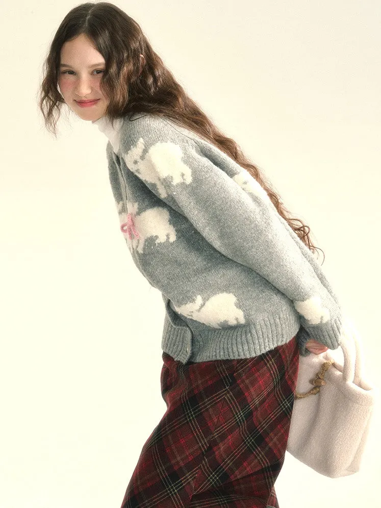 Knit Sheep Ribbon Retro Cres-Neck Cardigan