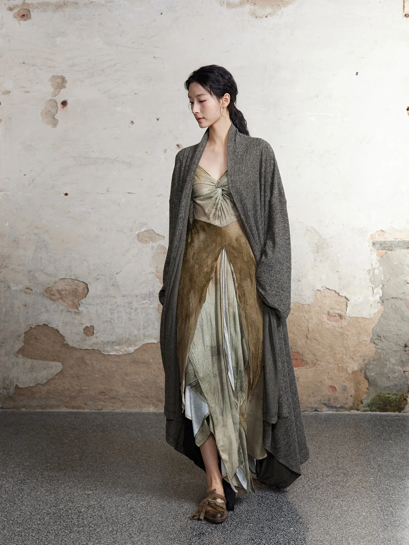 Knitted Pile Collar Long Gown Cardigan