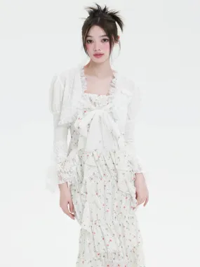 Lace Candy-Sleeve Feminine Frill Ribbon Cardigan Bolero