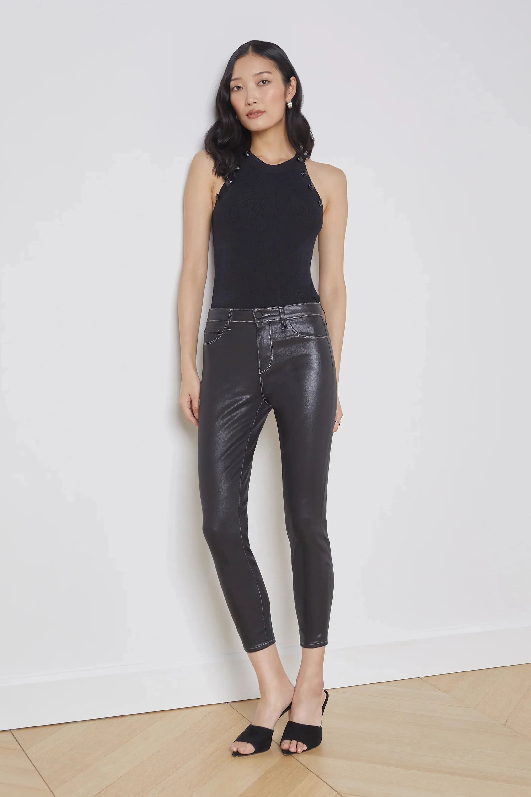 L'AGENCE MARGOT HIGH RISE MIX STITCH SKINNY JEANS IN NOIR/NATURAL CONTRAST COATED