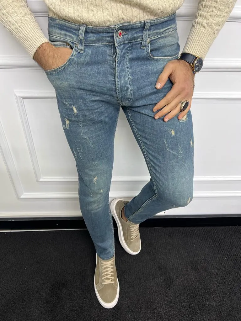 Leon Slim Fit Ripped Blue Lycra Jeans