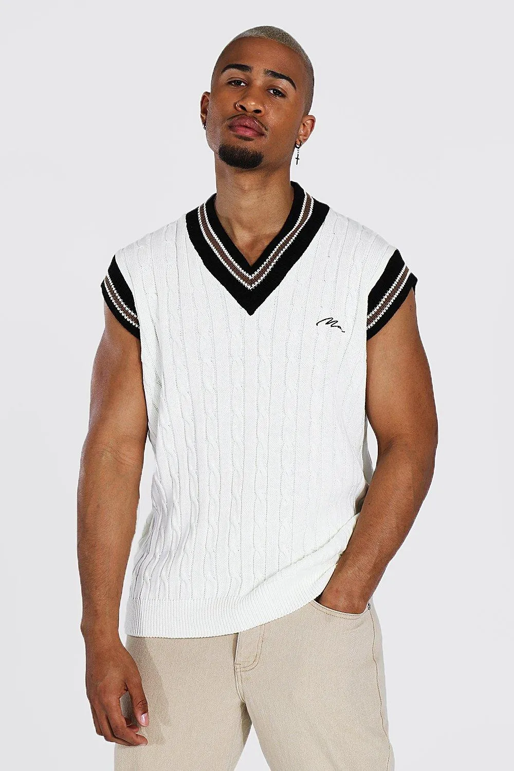 Man Cable Knit Oversized Vest With Stripes | boohooMAN UK