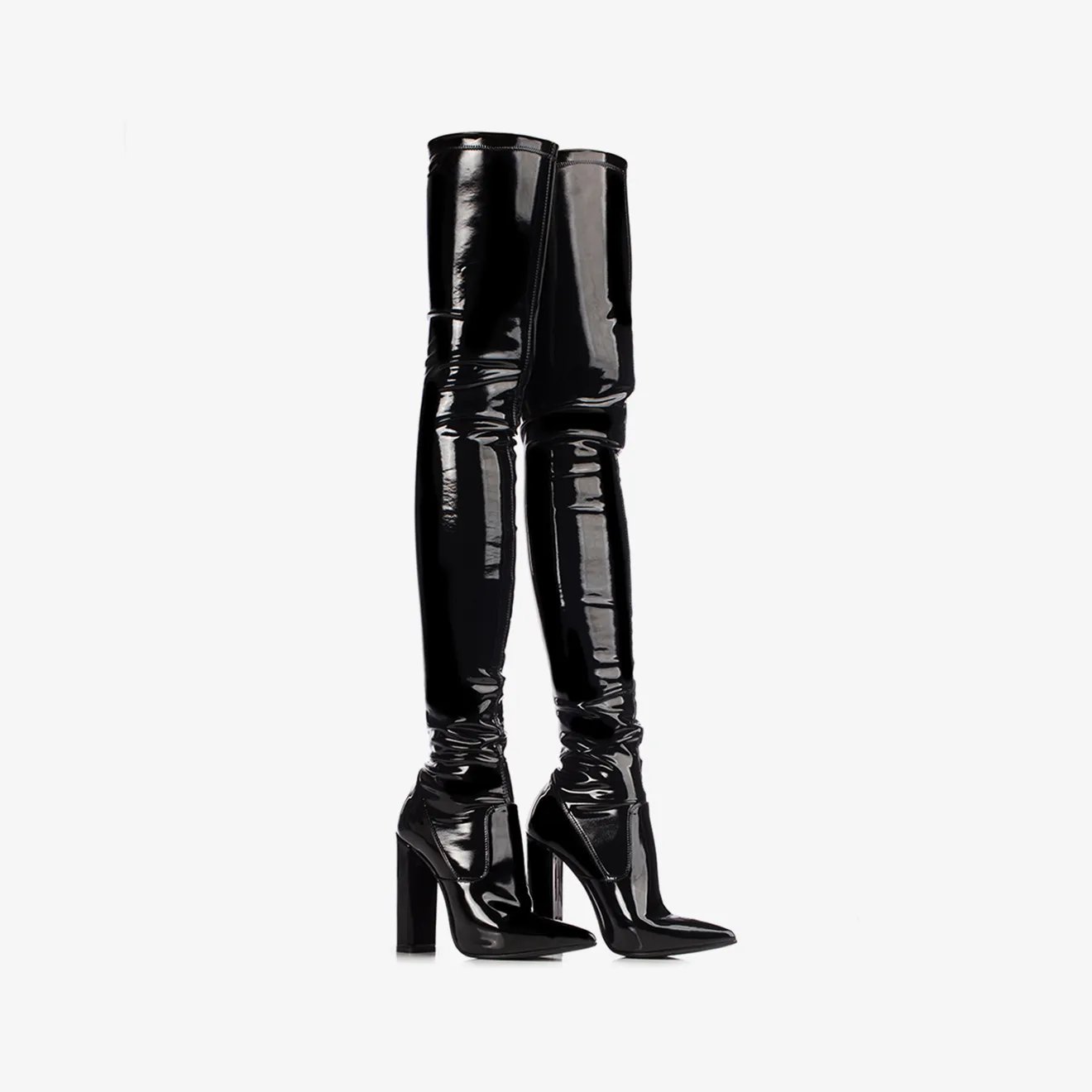 MEGAN THIGH-HIGH BOOT 120 mm Black stretch vinyl over-the-knee boot