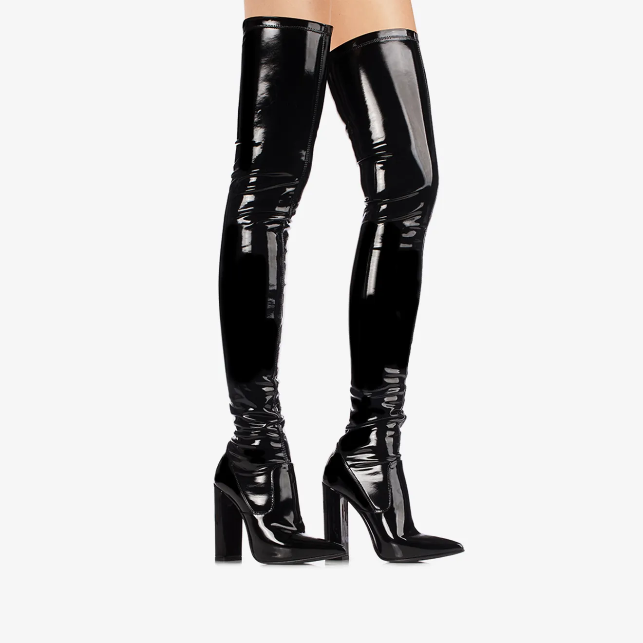 MEGAN THIGH-HIGH BOOT 120 mm Black stretch vinyl over-the-knee boot