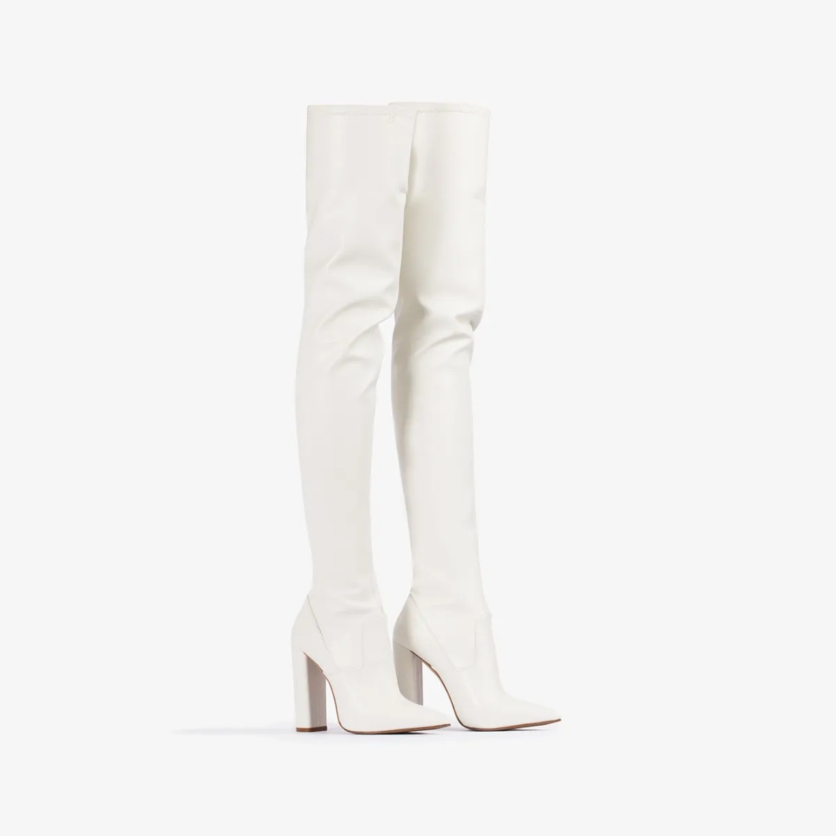 MEGAN THIGH-HIGH BOOT 120 mm Milk white stretch vegan leather over-the-knee boot