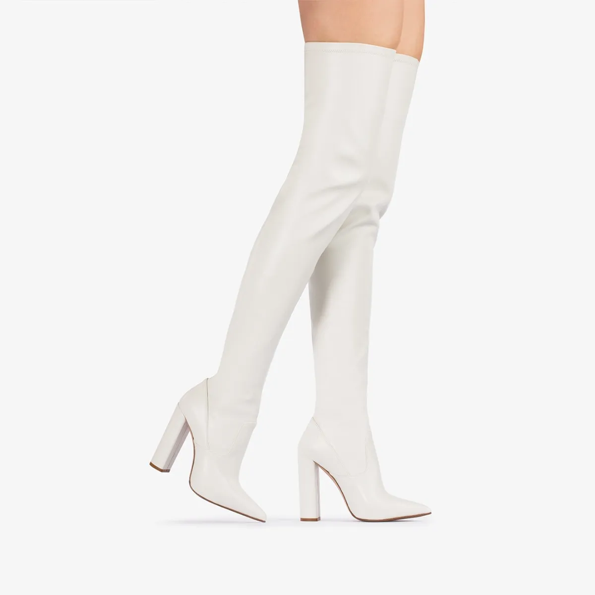 MEGAN THIGH-HIGH BOOT 120 mm Milk white stretch vegan leather over-the-knee boot