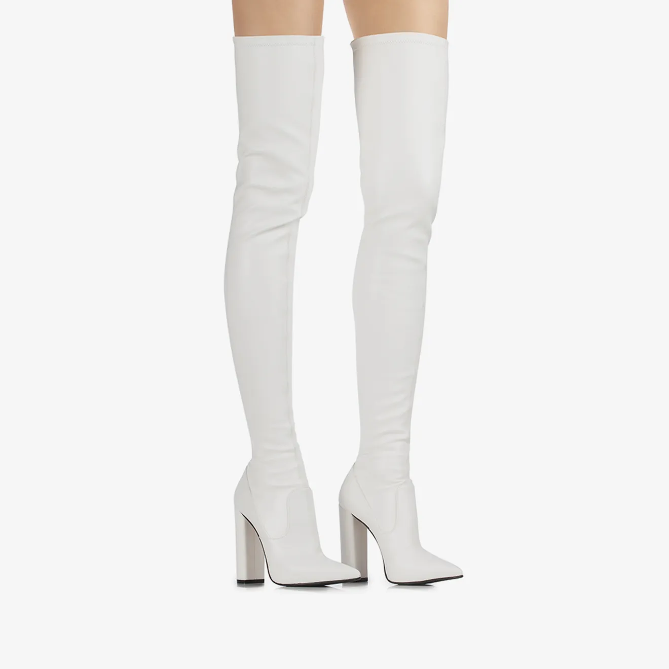 MEGAN THIGH-HIGH BOOT 120 mm White stretch vegan leather over-the-knee boot