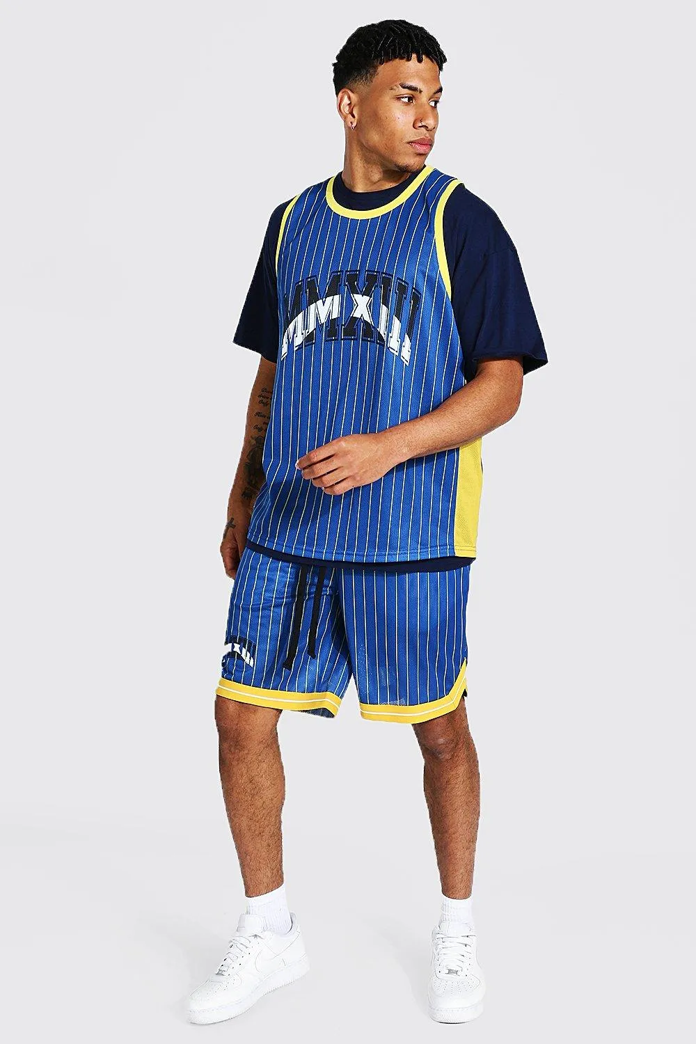 Oversize Stripe 3 Piece Airtex Basketball Set | boohooMAN UK