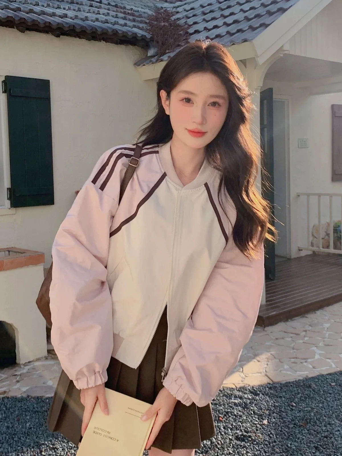 Pink Contrast Color Baseball Jacket Women's 2024 Spring and Autumn New Style Small Slim Casual Short Style Color Blocking Short 