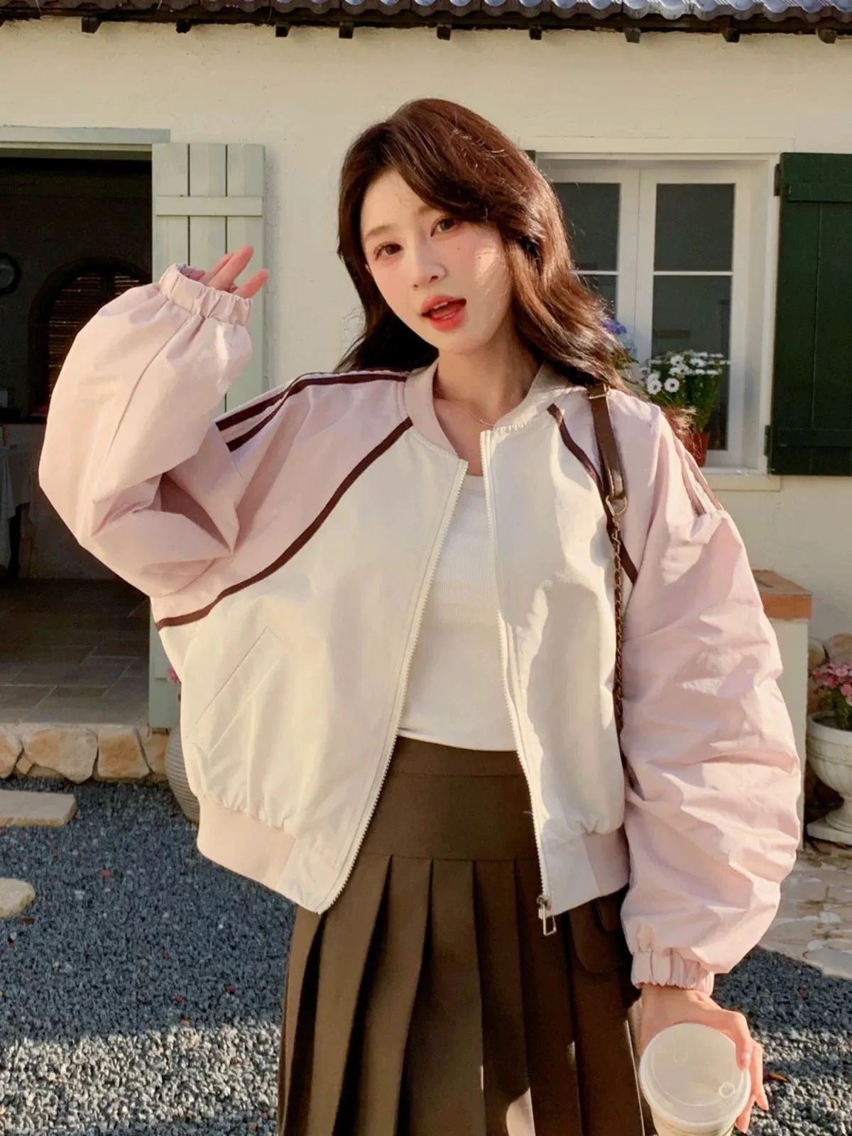 Pink Contrast Color Baseball Jacket Women's 2024 Spring and Autumn New Style Small Slim Casual Short Style Color Blocking Short 