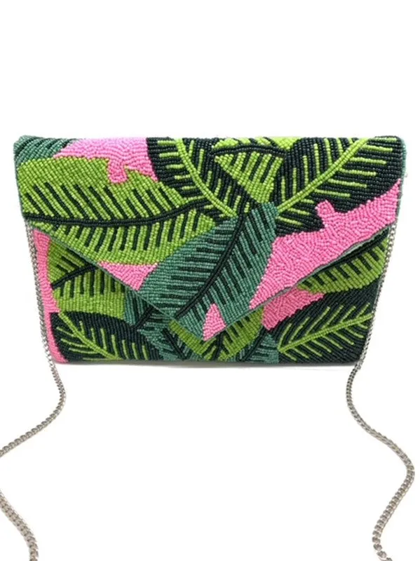 Pink Foliage Handmade Beaded Clutch