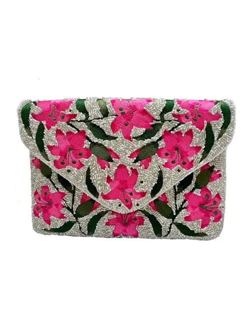 Pink Lilies Handmade Beaded Envelope Clutch