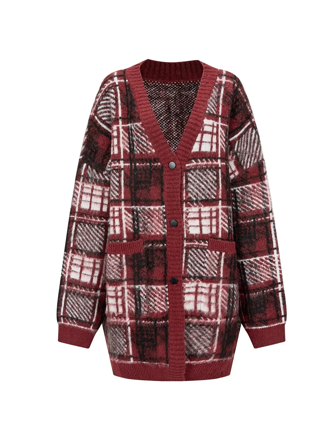 Plaid Over-Size V-neck Cardigan