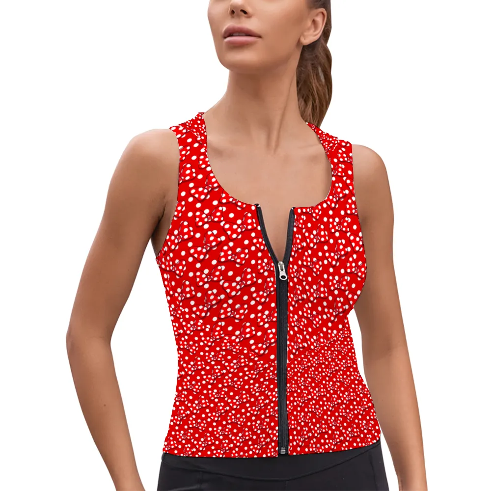 Red With White Bow And Polka Dots Women's Athletic V-Neck Sleeveless Hoodie Vest Tank Top