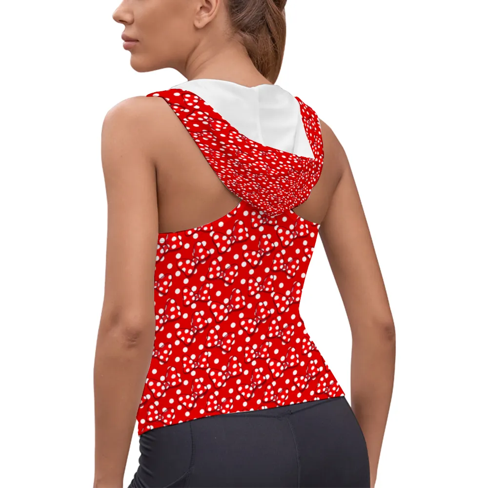 Red With White Bow And Polka Dots Women's Athletic V-Neck Sleeveless Hoodie Vest Tank Top