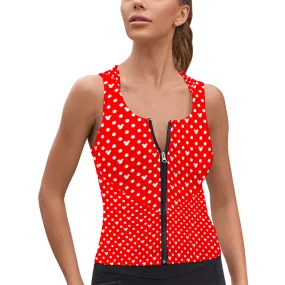 Red With White Mickey Polka Dots Women's Athletic V-Neck Sleeveless Hoodie Vest Tank Top