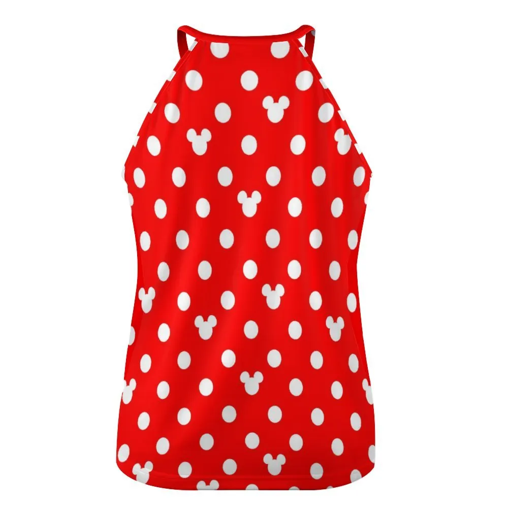 Red With White Mickey Polka Dots Women's Round-Neck Vest Tank Top