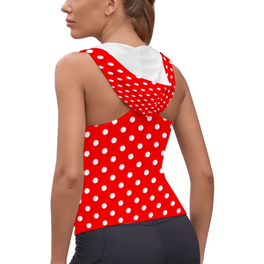 Red With White Polka Dots Women's Athletic V-Neck Sleeveless Hoodie Vest Tank Top