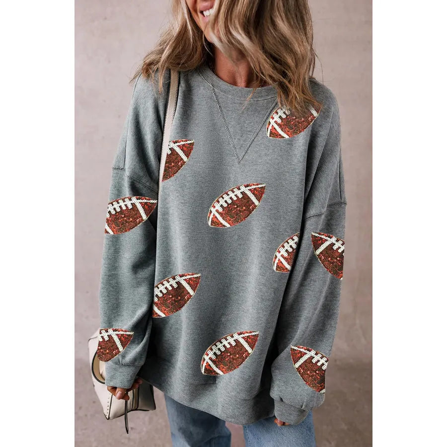 Sequin Football Round Neck Long Sleeve Sweatshirt