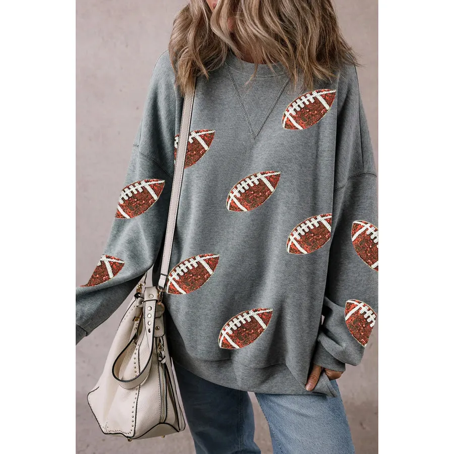 Sequin Football Round Neck Long Sleeve Sweatshirt