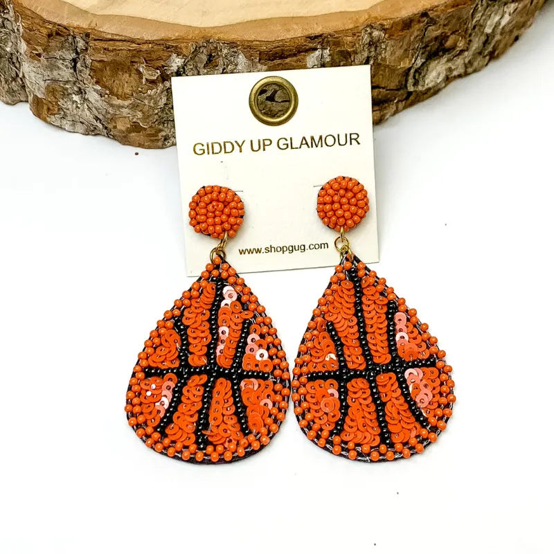 Sequin Teardrop Basketball Earrings in Orange