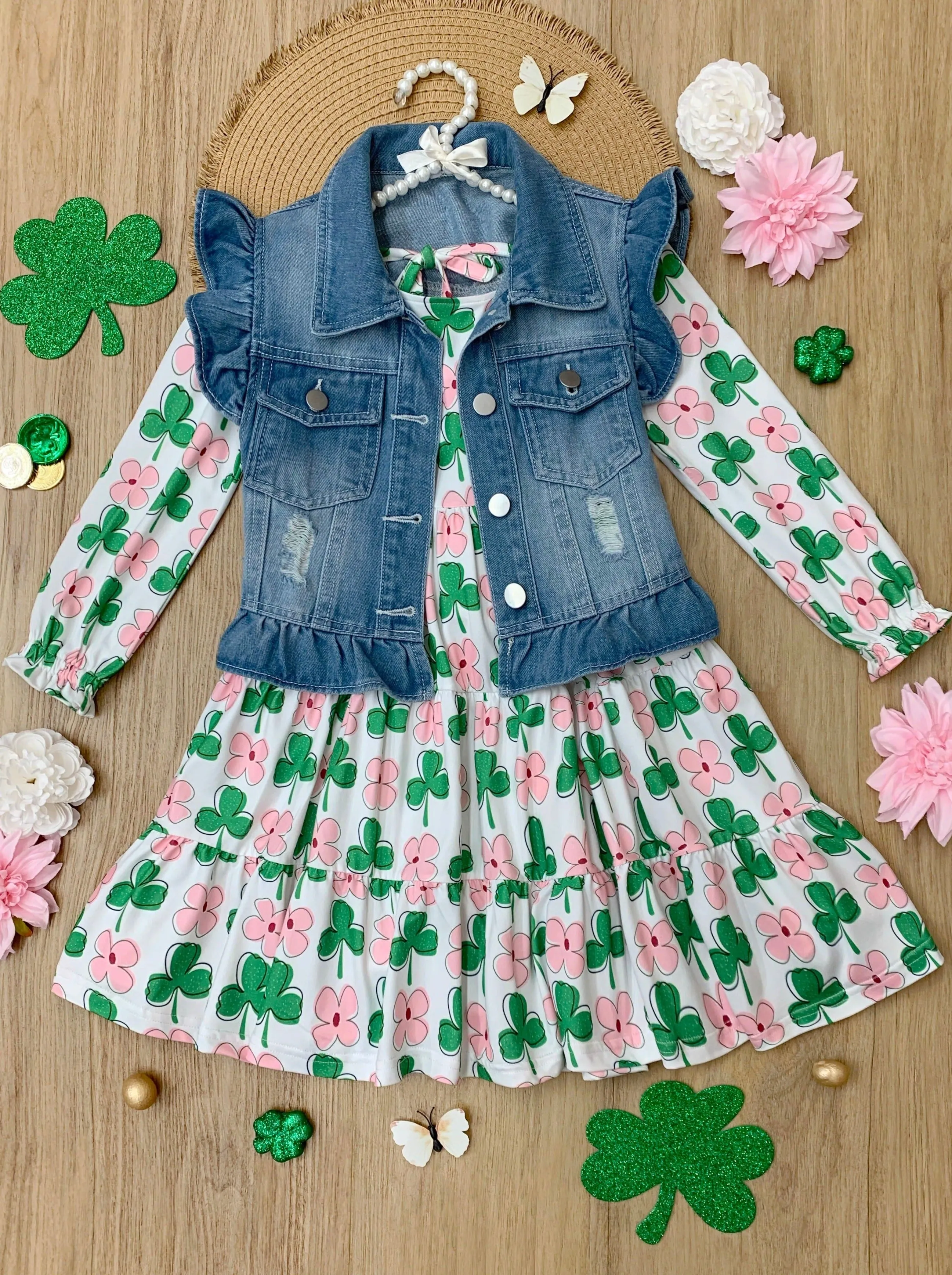 Shamrock Cutie Denim Vest and Clover Dress Set