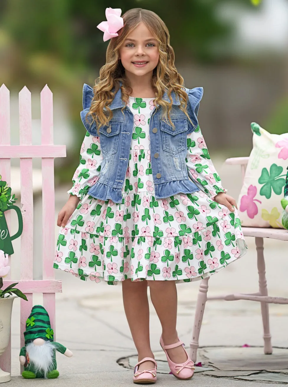 Shamrock Cutie Denim Vest and Clover Dress Set