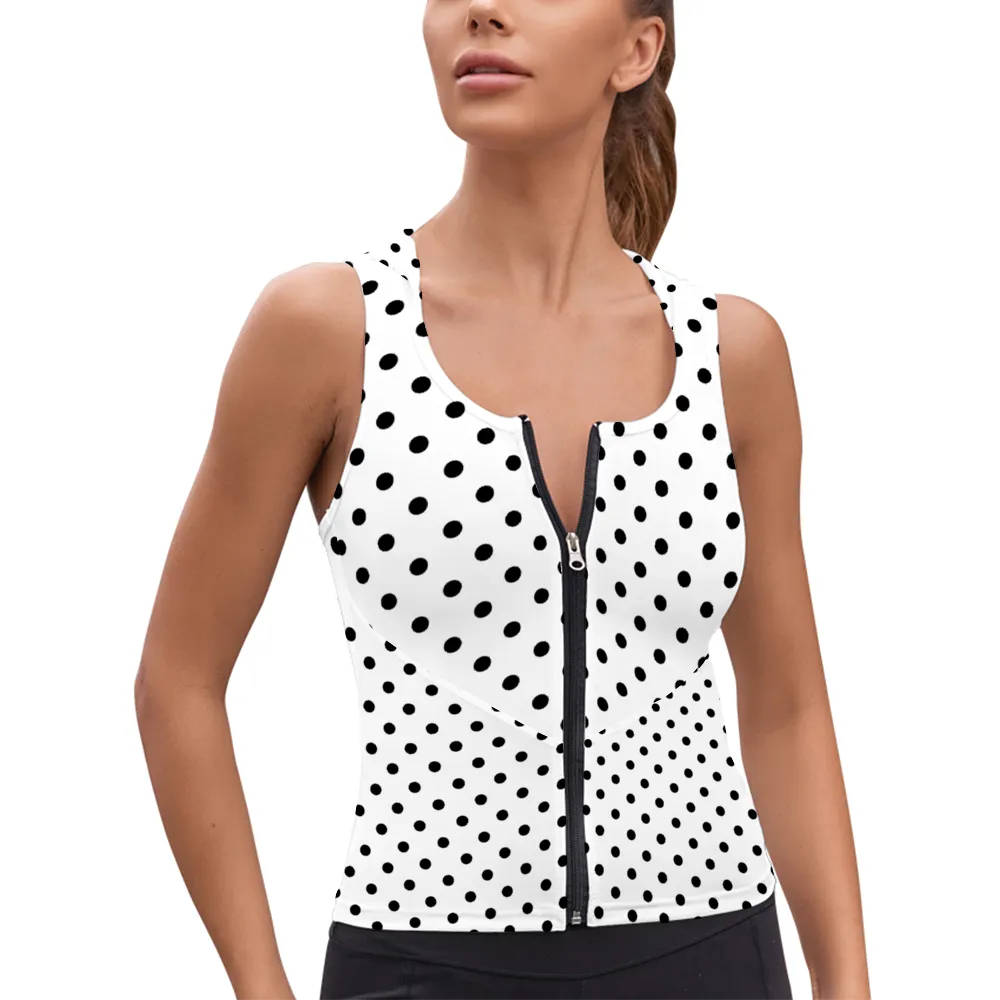 White With Black Polka Dots Women's Athletic V-Neck Sleeveless Hoodie Vest Tank Top