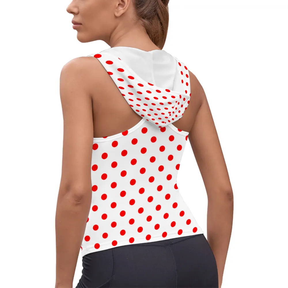 White With Red Polka Dots Women's Athletic V-Neck Sleeveless Hoodie Vest Tank Top