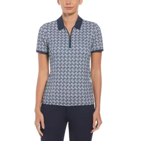 Women's Geometric Print Short Sleeve Golf Polo Shirt With Mesh Inserts In Black Iris