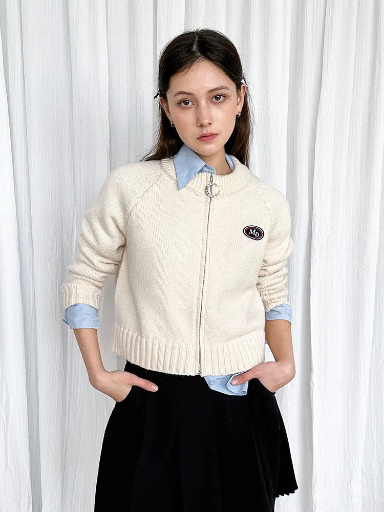 Zip Knit Casual Crew-Neck Simple Badge Cardigan