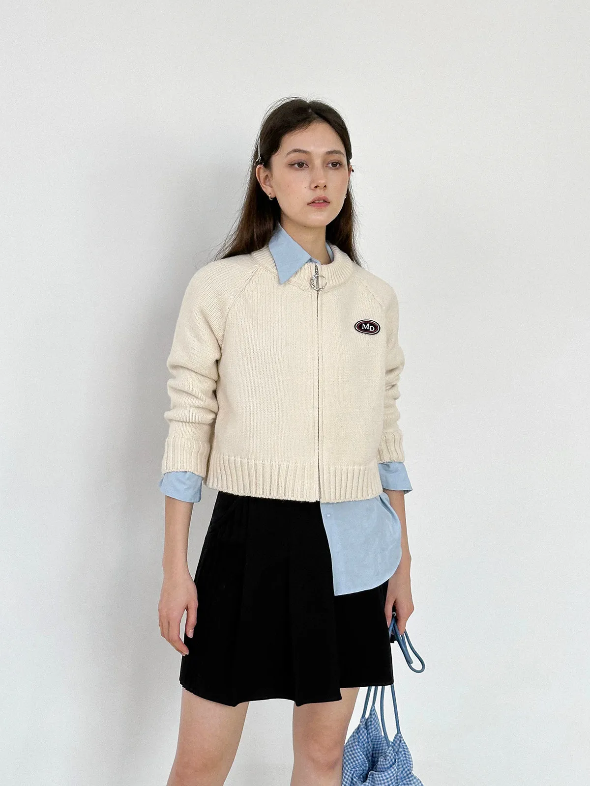 Zip Knit Casual Crew-Neck Simple Badge Cardigan