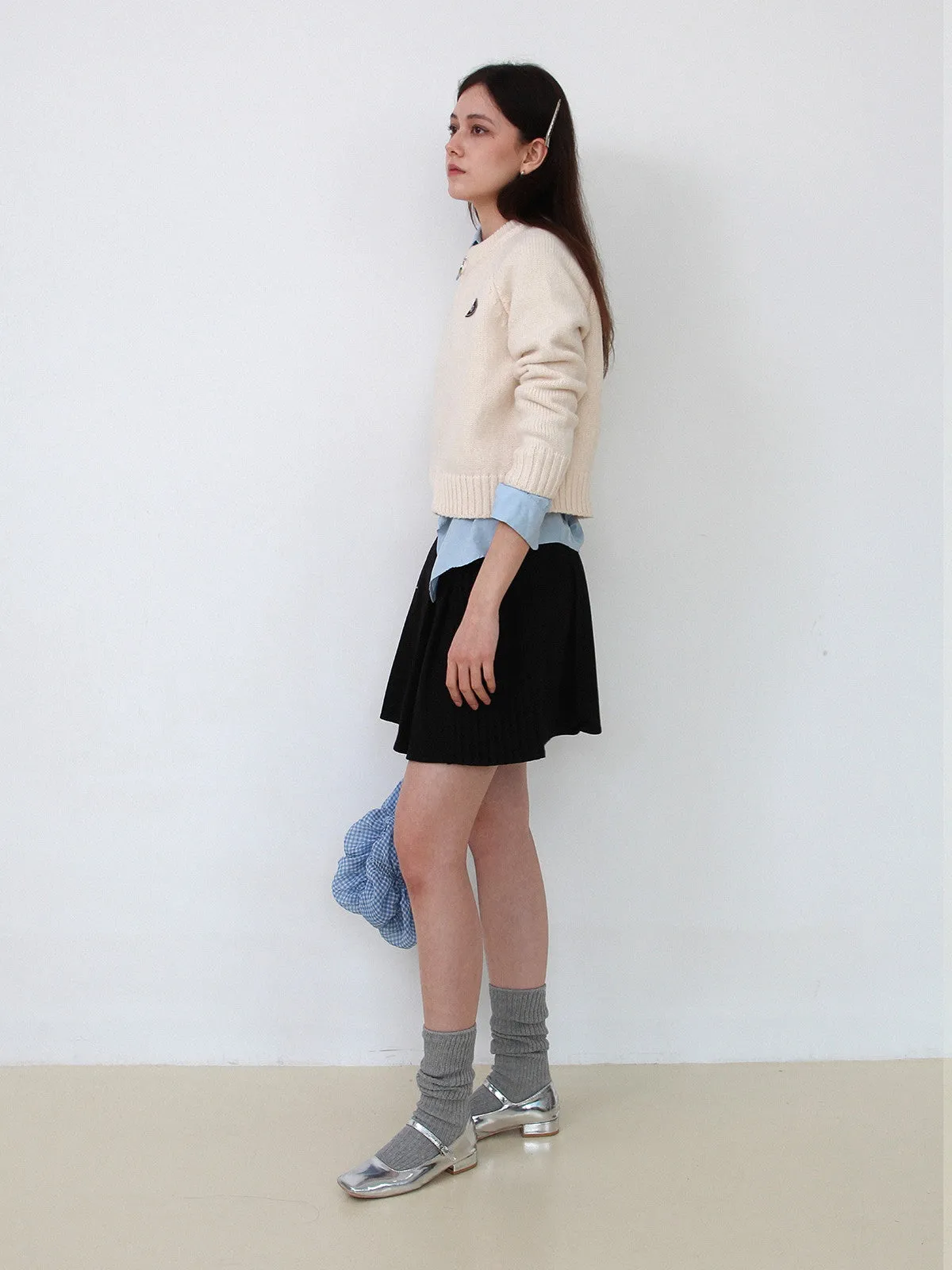 Zip Knit Casual Crew-Neck Simple Badge Cardigan