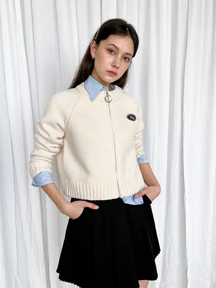 Zip Knit Casual Crew-Neck Simple Badge Cardigan