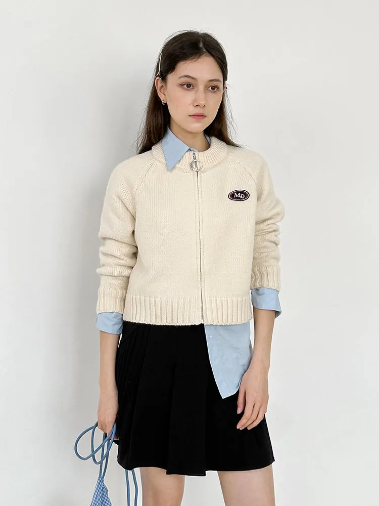 Zip Knit Casual Crew-Neck Simple Badge Cardigan