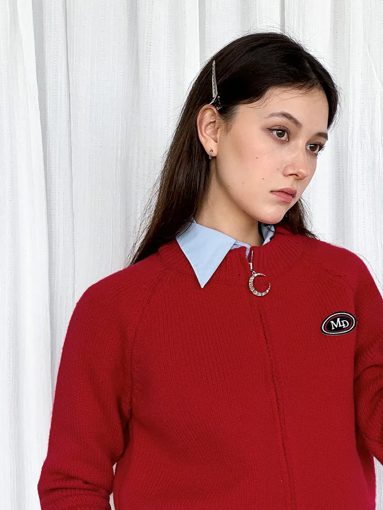 Zip Knit Casual Crew-Neck Simple Badge Red Cardigan