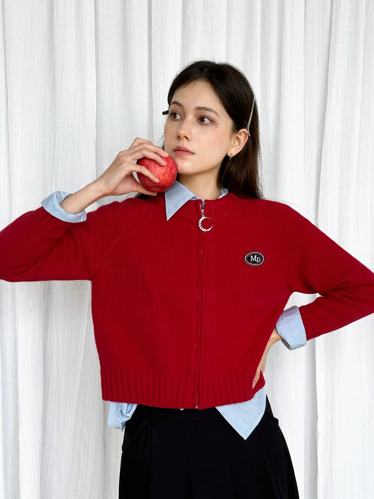 Zip Knit Casual Crew-Neck Simple Badge Red Cardigan