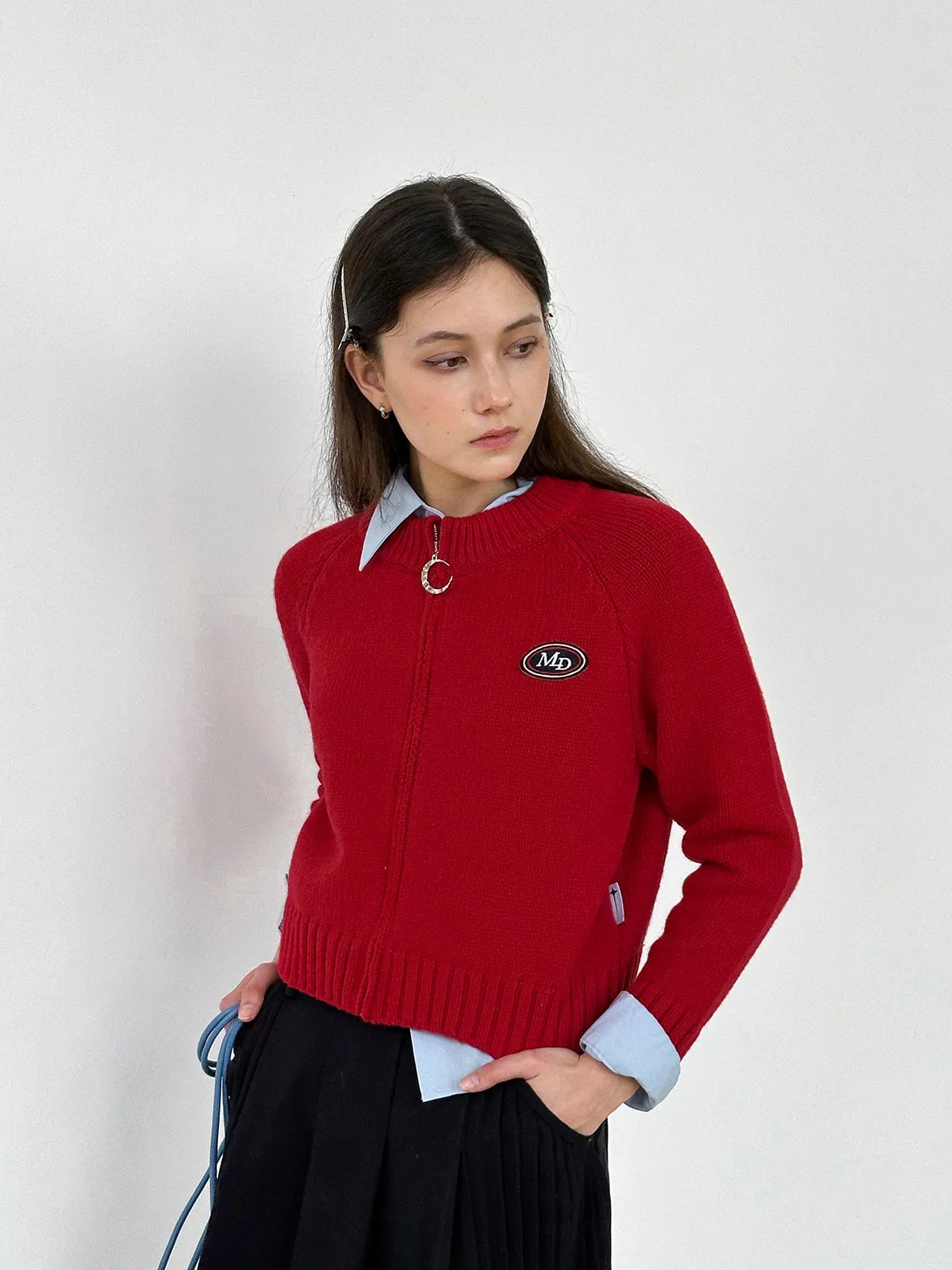 Zip Knit Casual Crew-Neck Simple Badge Red Cardigan