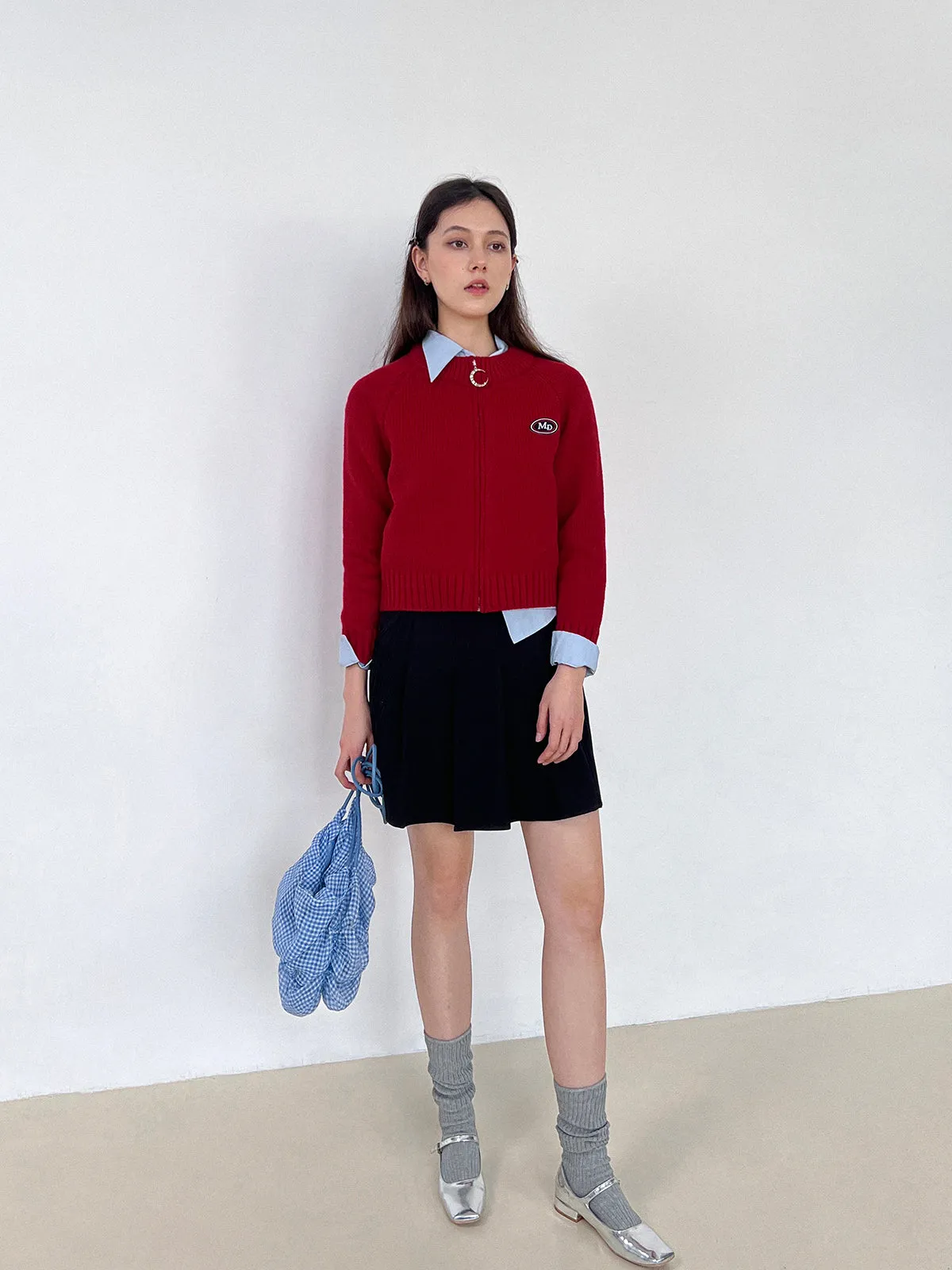 Zip Knit Casual Crew-Neck Simple Badge Red Cardigan