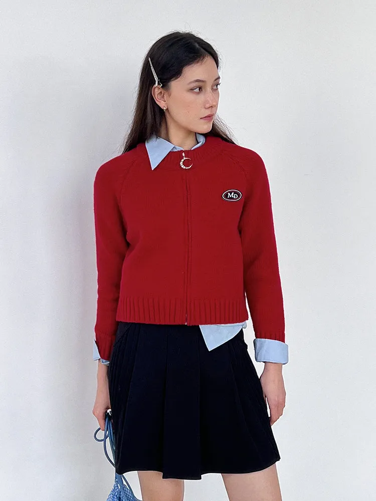 Zip Knit Casual Crew-Neck Simple Badge Red Cardigan